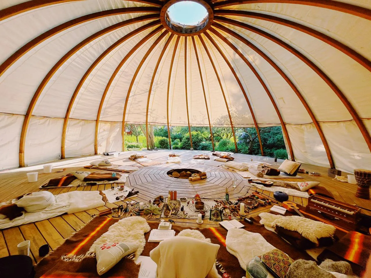 Inside the meditation dome at a retreat in Sweden